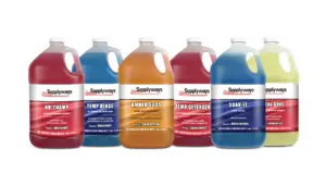 Six different jugs of chemicals in varying colors