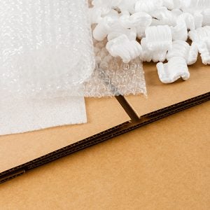 corrugated packaging, bubble wrap, and shipping peanuts