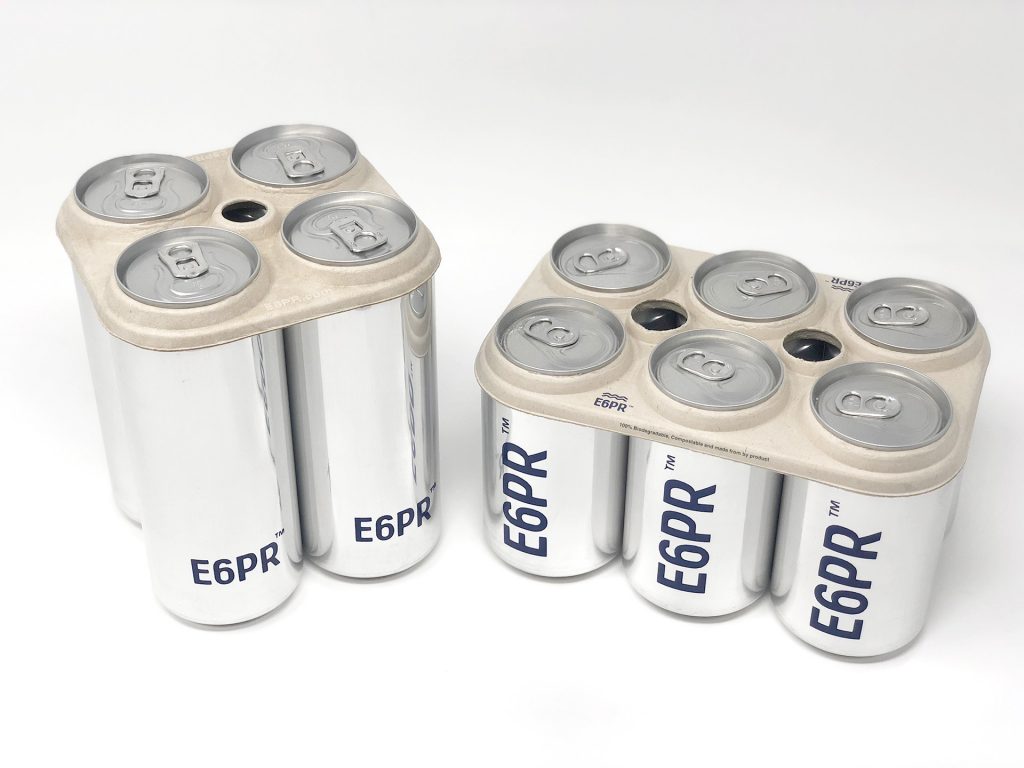 Compostable Can Ring are available in both 4 and 6 pack sizes for beer, soda and other beverages. Made by E6PR.