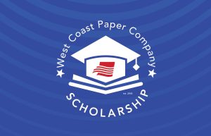 West Coast paper Company Scholarship Logo on blue background