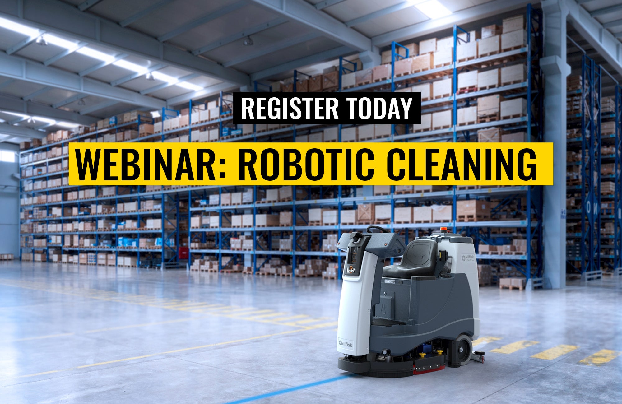Register for Robotic Cleaning Webinar - SC60 Robotic floor cleaning machine running in warehouse