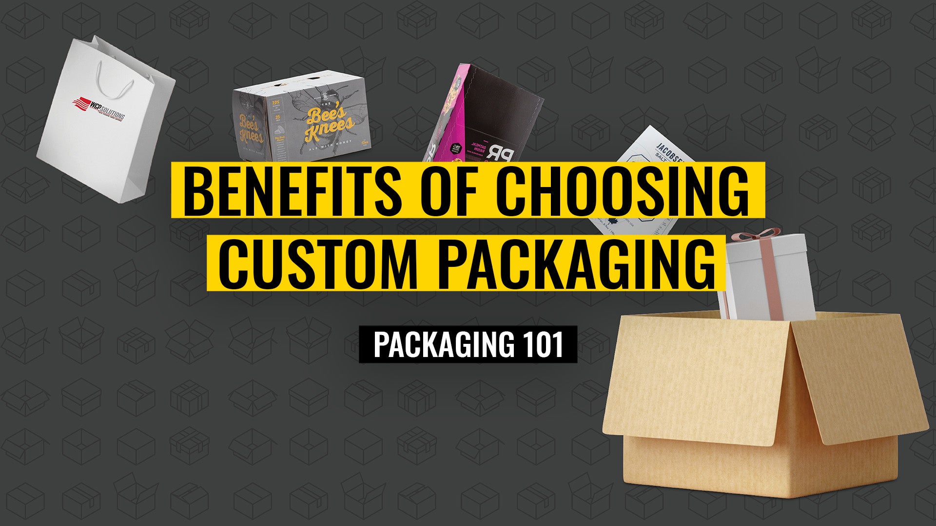 Benefits of Choosing Custom Packaging - Title - Multiple custom packaging boxes falling into a bigger kraft box