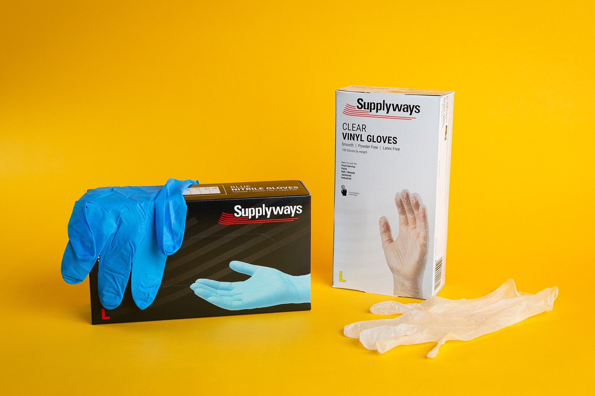 A black box of supplyways blue nitrile gloves and a white box of Supplyways clear vinyl gloves on a yellow backdrop