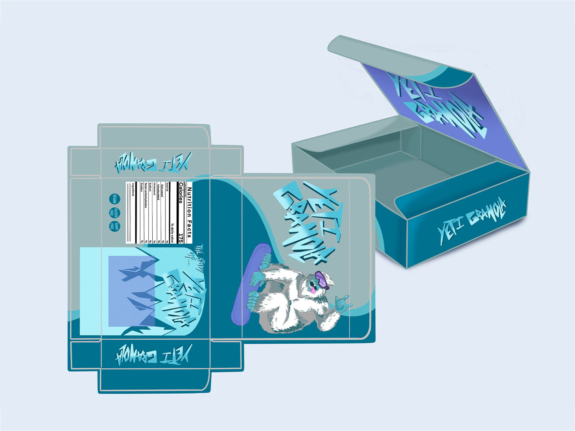 Diagram of a printed custom box with extended bleed area before being trimmed and after assembly