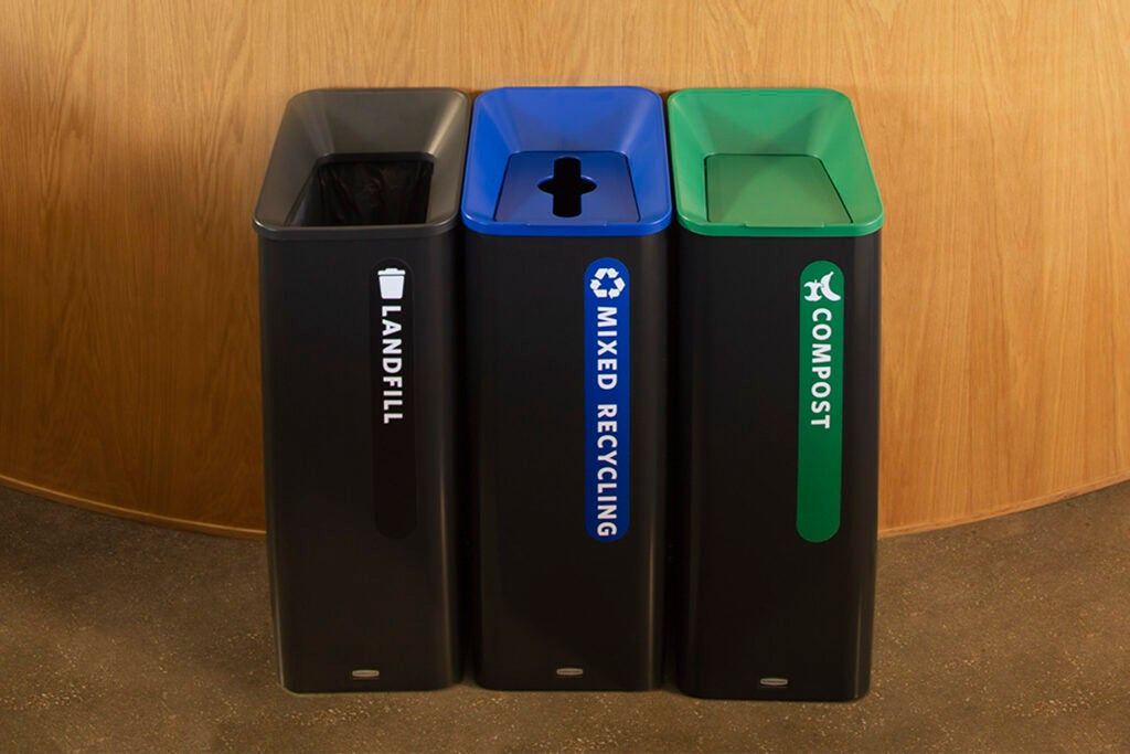 Rubbermaid receptacles for trash, mixed recycling, and compost showing how to manage multiple waste streams