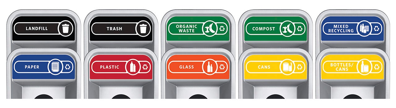 Closeup of different waste stream receptacle labels for landfill, trash, organic waste, compost, mixed recycling, paper, plastic, glass, cans, and bottles/cans